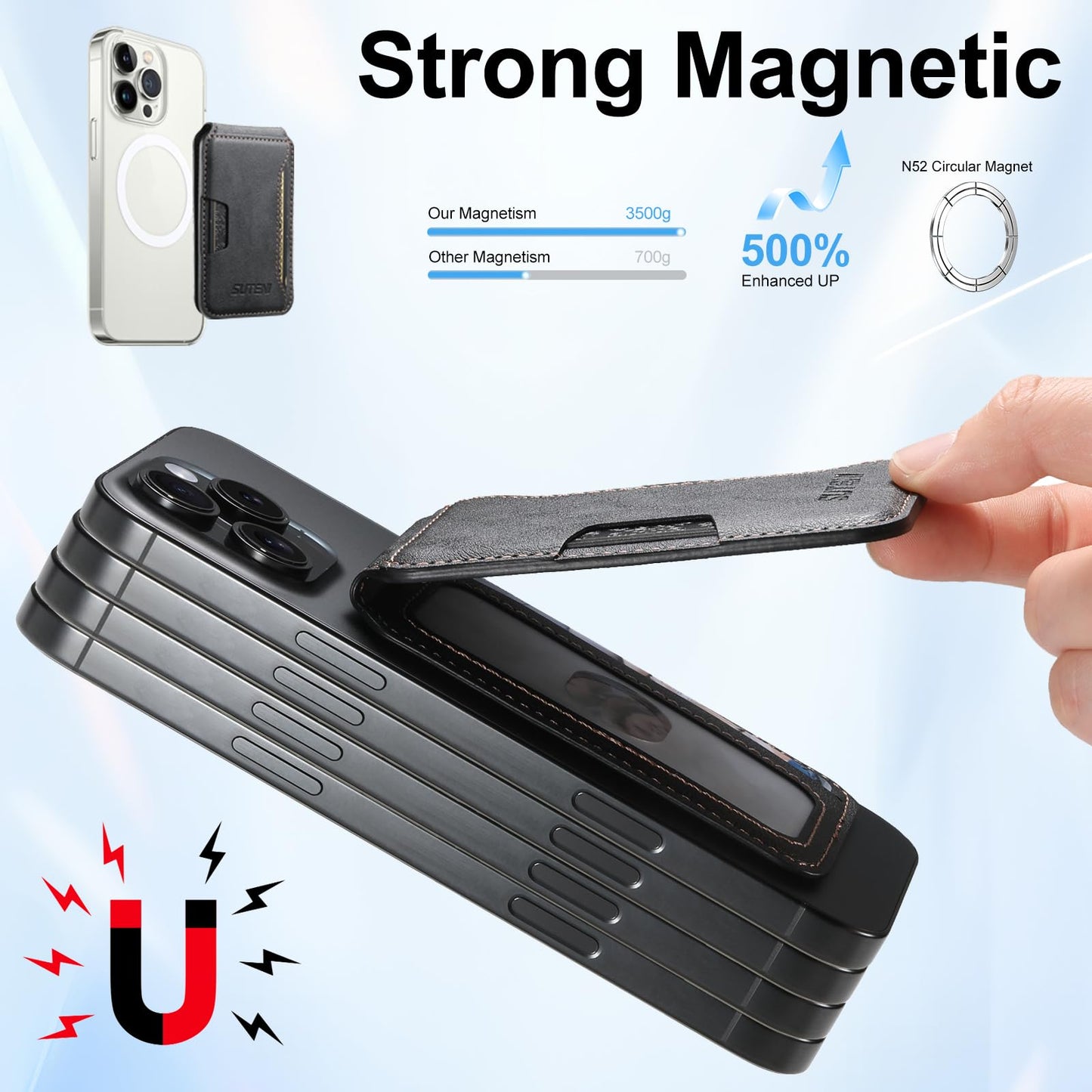 HXY Magnetic Card Holder Wallet for iPhone, Compatible with MagSafe, PU Leather Minimalist Slim Card Holders Fit 3 Cards with Adjustable Stand for iPhone 16/15/14/13/12 Series, Not for Mini (Blue)