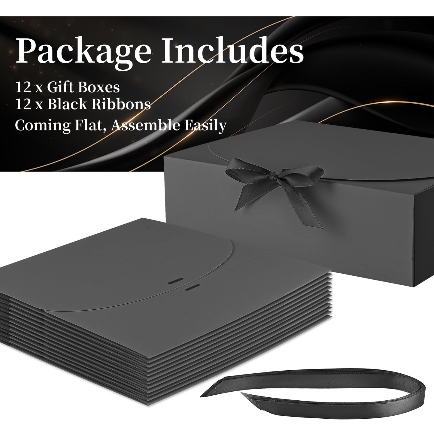 Ocmoiy 12 Pack Gift Boxes with Lids, 10.6x7.8x3.1 Inch Black Paper Gift Box with Ribbon, Bridesmaid Proposal Box for Wedding, Packaging, Baby Shower, Birthday, Christmas, Party, Present Crafting