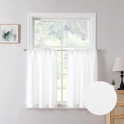 Tollpiz Short Linen Tier Curtains Rod Pocket Semi Sheer Half Kitchen Curtain Burlap Light Filtering Thick Linen Drapes for Bathroom, 30 x 24 inches Long, White, Set of 2 Panels