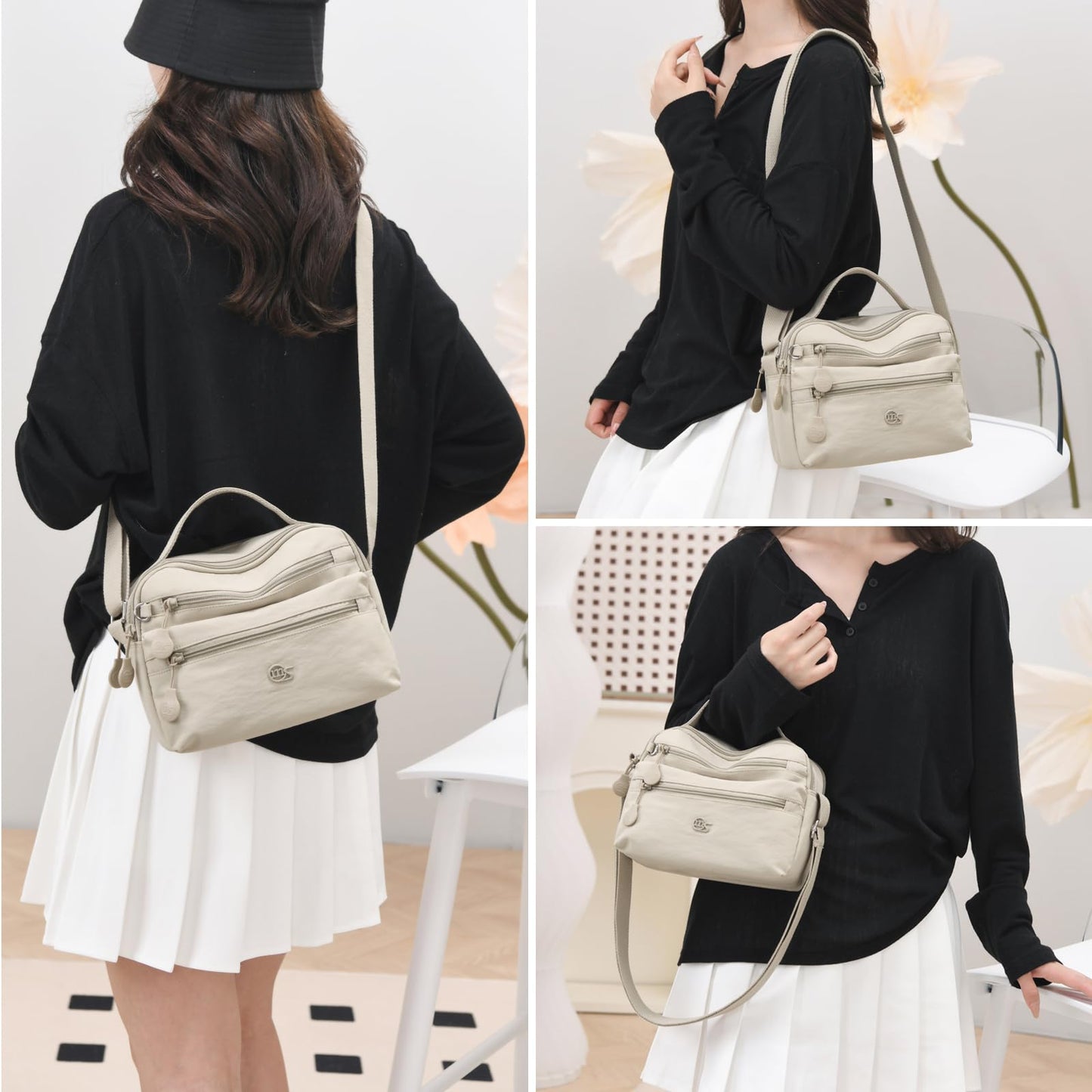 Eslcorrri Women Crossbody Bag Small Nylon Shoulder Purse Casual Neutral Light Multi Zipper Pockets Top-Handle Hobo Handbag -Sand