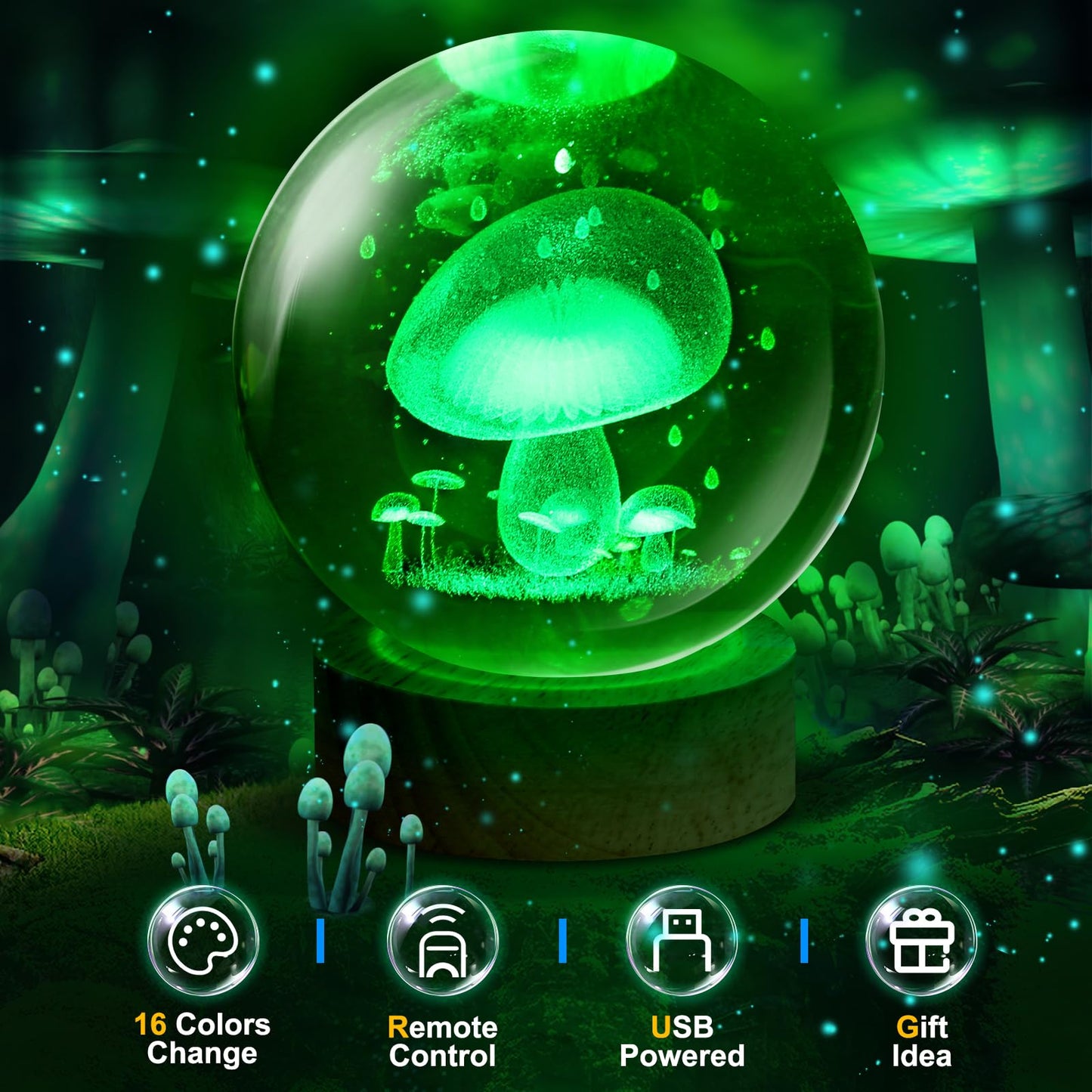 Kocasall Mushroom Lamp,3.15 inch 3D K9 Crystal Ball Mushroom Night Light with Wooden Base,16 Colors Change,Remote Control,Color Box,Birthday Christmas Gift