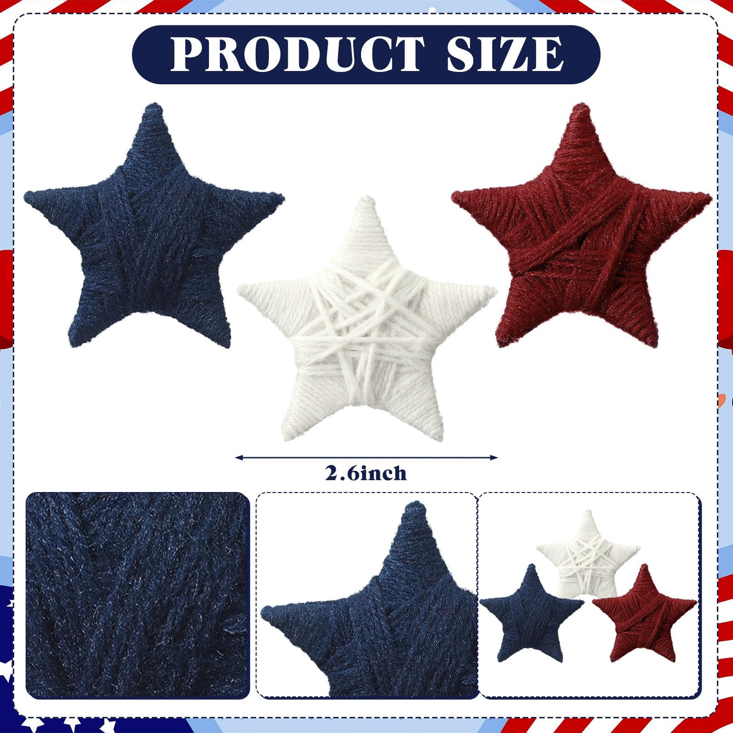 Daifunli 24 Pcs 4th of July Patriotic Ornaments Yarn Red Blue White Star Ornaments Farmhouse Handmade Star Vase Bowl Fillers Hanging 250th Anniversary Decoration for Home Small Tree Table Wreath Decor