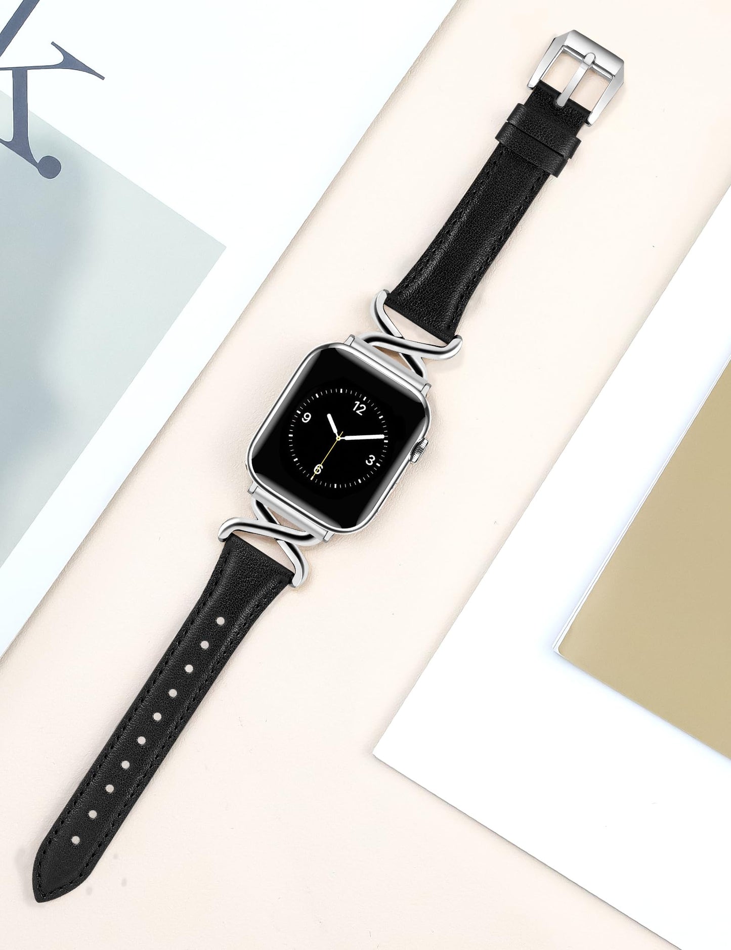 JR.DM Leather Bands Women Compatible with Apple Watch 40mm 38mm 44mm 45mm 41mm 42mm 46mm 49mm Dressy Slim Fancy Strap with X-Shaped Metal Crown for iWatch Series Ultra/SE/11/10/9/8/7/6/5/4/3/2/1 Black