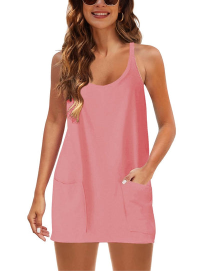 Lentta Womens Athletic Sleeveless Mini Dress with Built-in Shorts V Neck Spaghetti Strap Sundress(Coral-S)