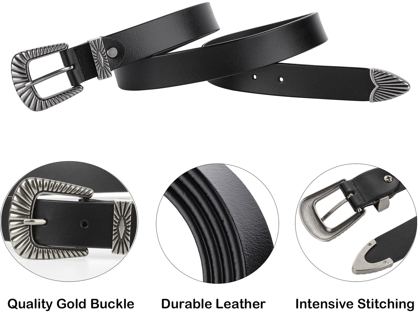 ALAIX Belts for women Women's Belts Silver Gold Buckle leather belts Black Western belts Jeans Pants belts for women