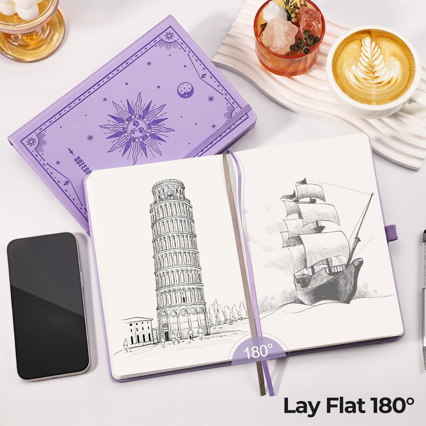 EMSHOI Blank Notebook Journal - 320 Pages, 100gsm Thick Paper, A5 Hardcover Leather, Art Sketchbook for Drawing, Unlined, Plain Sketch Book for Women Men Work Writing, 5.75 x 8.38, Light Purple