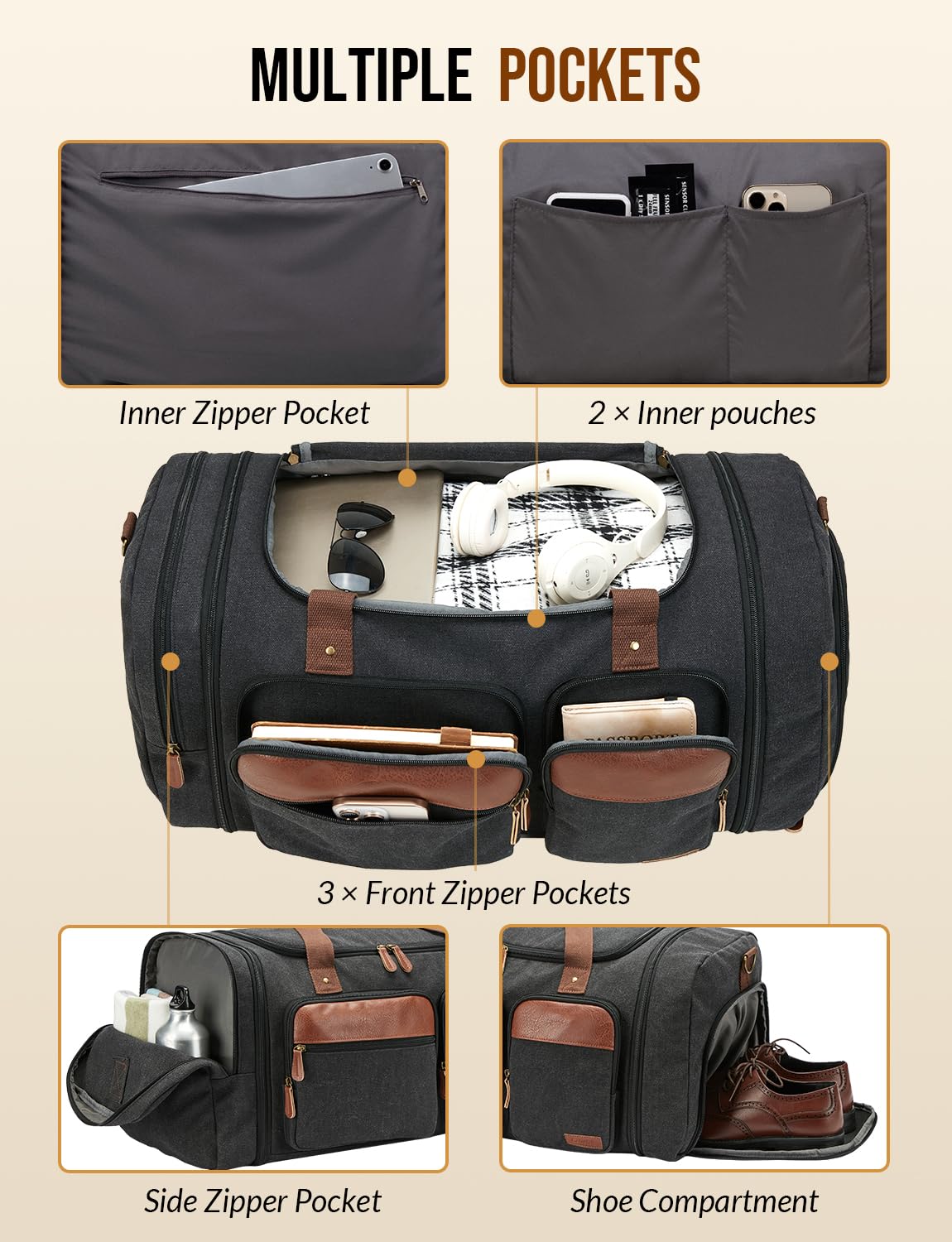 Celvetch Canvas Duffle Bag for Travel 65L Expandable Travel Duffel Bags for Men Women Overnight Weekend Gym Bag with Shoes Compartment - Dark Grey(65L)