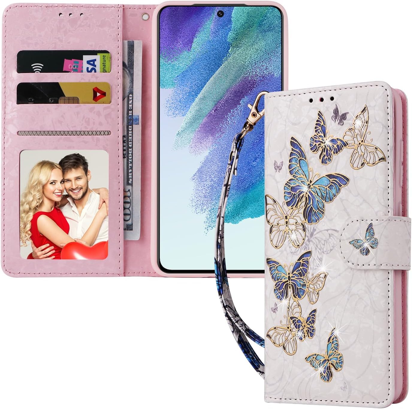 UEEBAI Wallet Case for Samsung Galaxy A15 4G/5G, PU Leather Phone Case Kickstand RFID Blocking Flip Case Card Slots Wrist Strap Relief Engraved Pattern Magnetic Closure Folio Case - Blue Butterfly