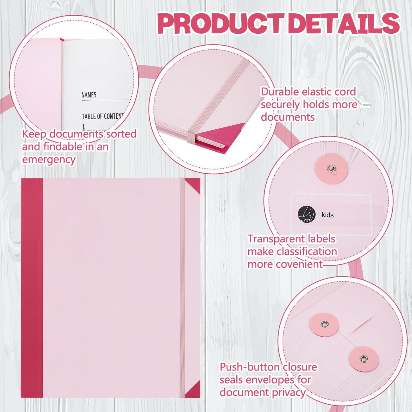 LemonSecret 2 Pack Important Document Organizer, Expanding File Binder with Sticky Notes, Paper Clips, Markers, Emergency Binder Folder for Important Papers, Certificates, Passport, Lifebook(Pink)