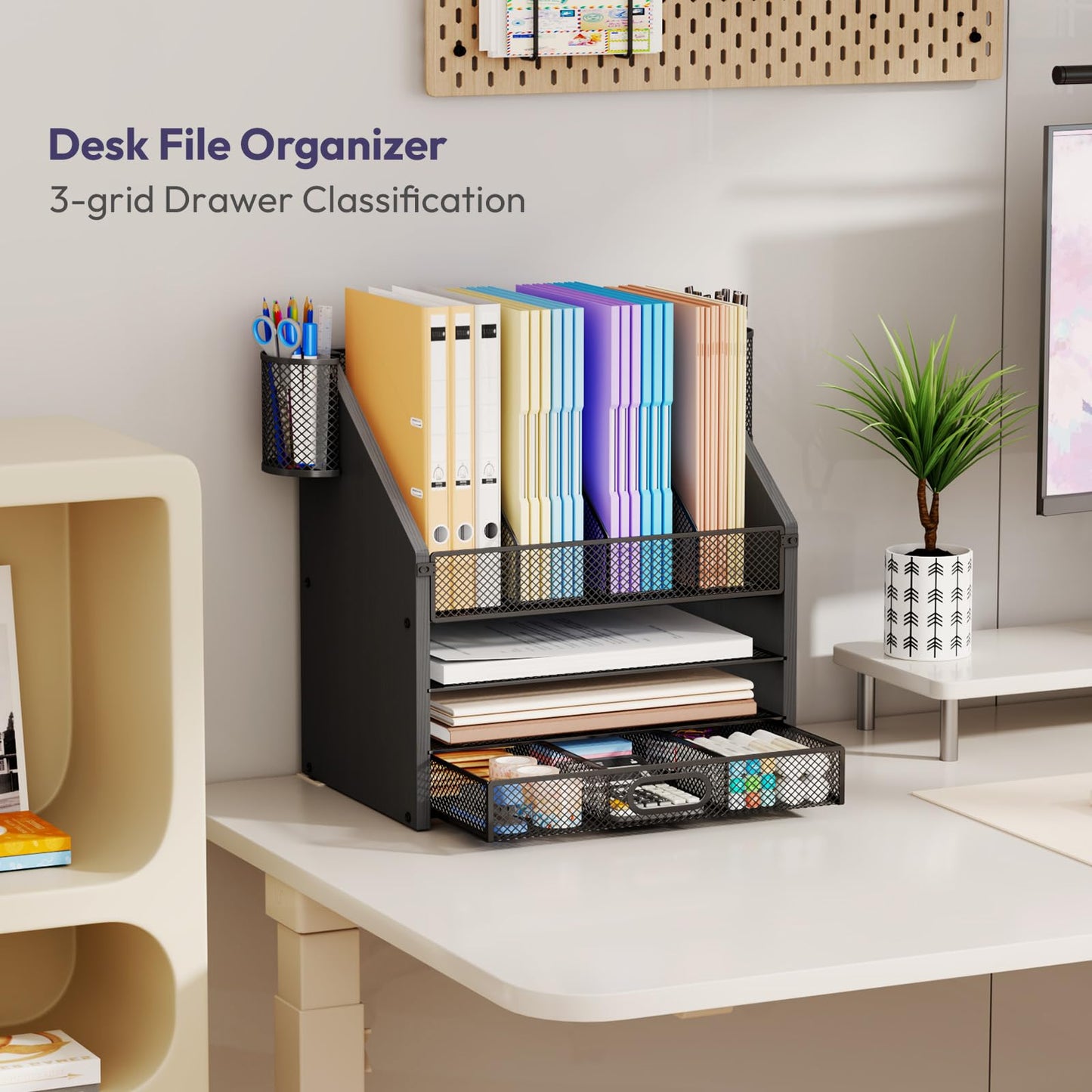 SWTYMIKI Desk Organizer with Drawers - Mesh and Wood Desk File Organizer with Pen Holders, 4-Tier Paper Organizer for Office Organizer and Accessorie, School and Home Storage, Black