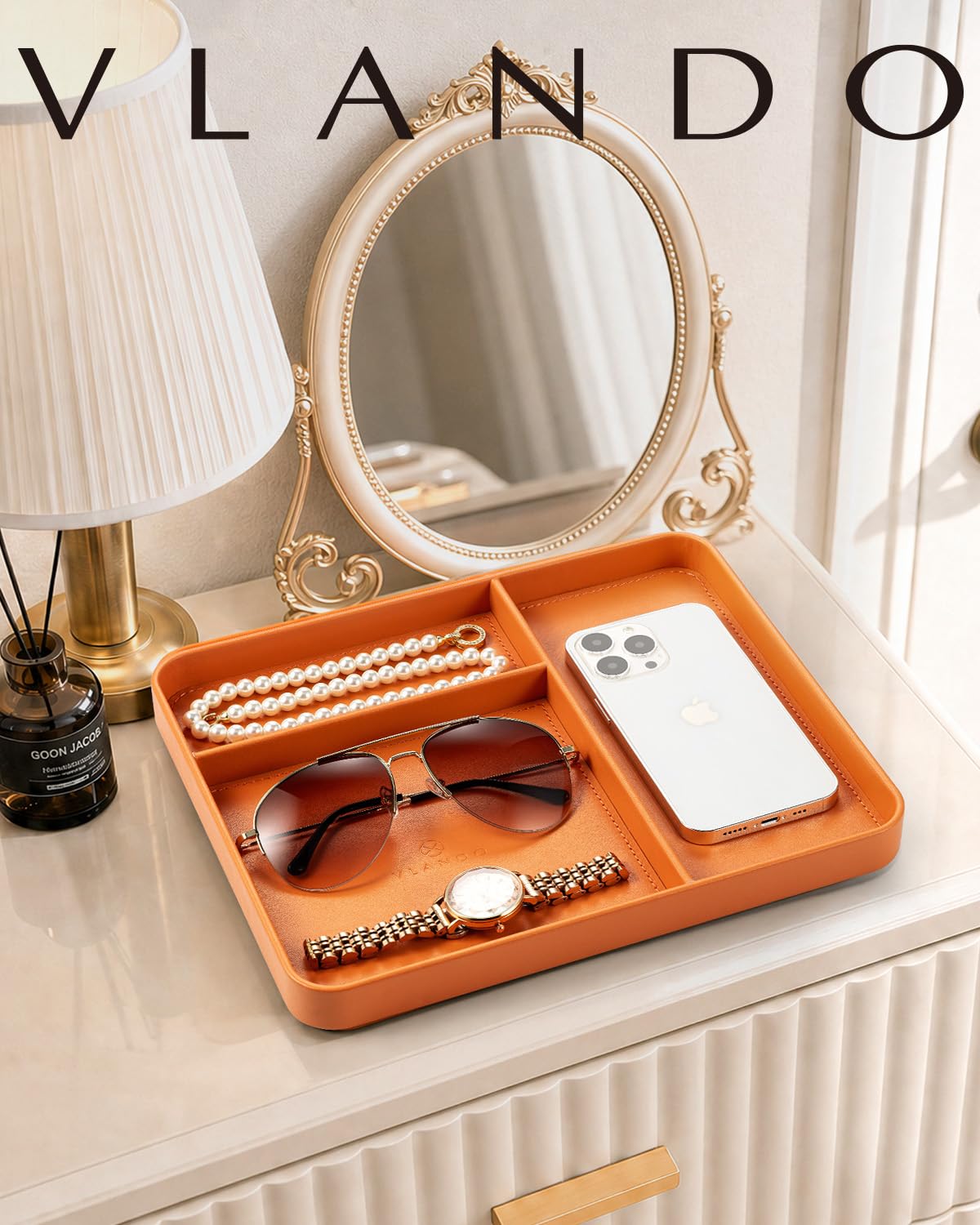 VLANDO Valet Tray Organizer, PU Leather Catchall Tray with Dividers for Keys Wallet Watch Phone Jewelry, Nightstand Dresser Desk Organizer for Sunglasses Perfume Earbuds Accessories, Orange