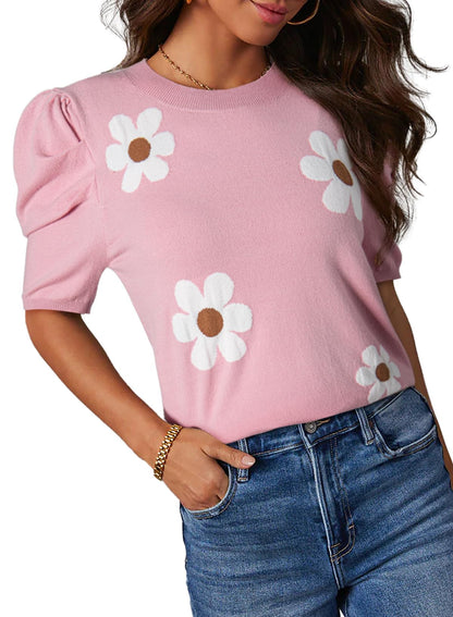 Dokotoo Women's Short Puff Sleeve Knit Tops 2025 Trendy Crewneck Striped T Shirts Casual Summer Blouses