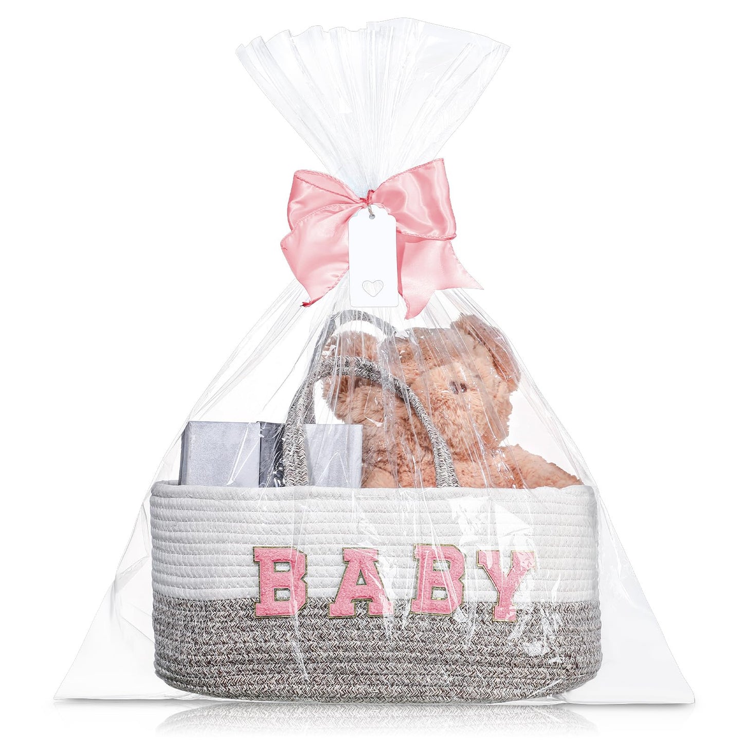 Beeveer Personalized Baby Basket Custom Diaper Caddy Organizer with Bow Portable Cotton Rope Basket Storage for Nursery Baby Shower Christmas Gifts(Pink)