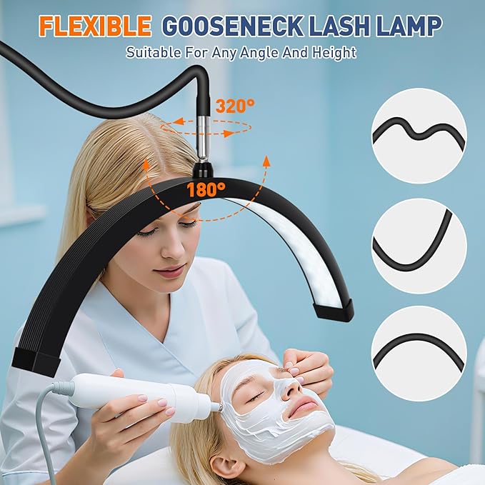 KIRKAS Lash Light Half Moon Lamp with Tool Tray, Flexible Gooseneck Lash Nail Tech for Esthetician Eyelash Extension, Tattoo, 18 Inch LED Floor Lamp with Roller Base Adjustable Brightness Color-Black