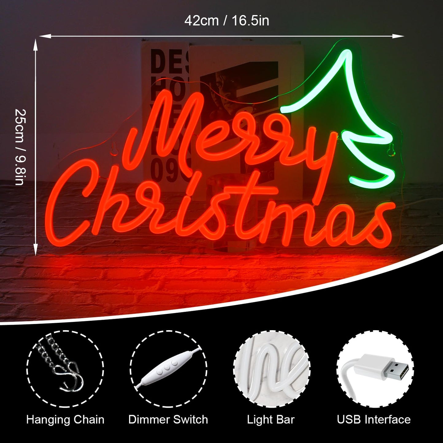 DREAMFORT Merry Christmas Neon Sign Dimmable Led Signs Christmas Neon Signs for Wall Decor USB Powered Neon Lights Signs for Bedroom Living Room Party Kids Room Bar Club