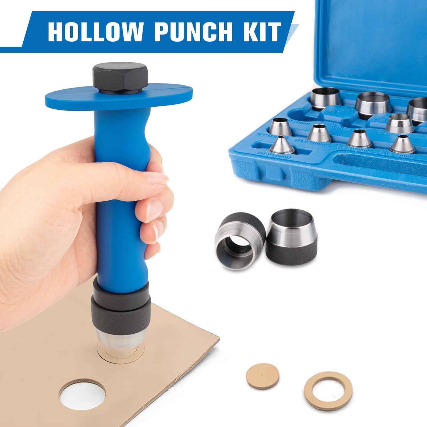 ReeMoo 14PCS Sharp Hollow Punch Set, Gasket Hollow Punch Kit, Rubber Hollow Hole Punch Set 3/16" to 1-3/8" for Leather, Rubber, Plastic, Gasket, Foam, with Handle