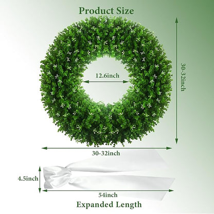 Large Artificial Boxwood Wreath 30-32'', UV Resistant 310 Leaves & 140 Flower Core, Green Wreath Ribbon for Front Door Outdoor Indoor Window Wall Hanging Decoration All Seasons(Foldable)