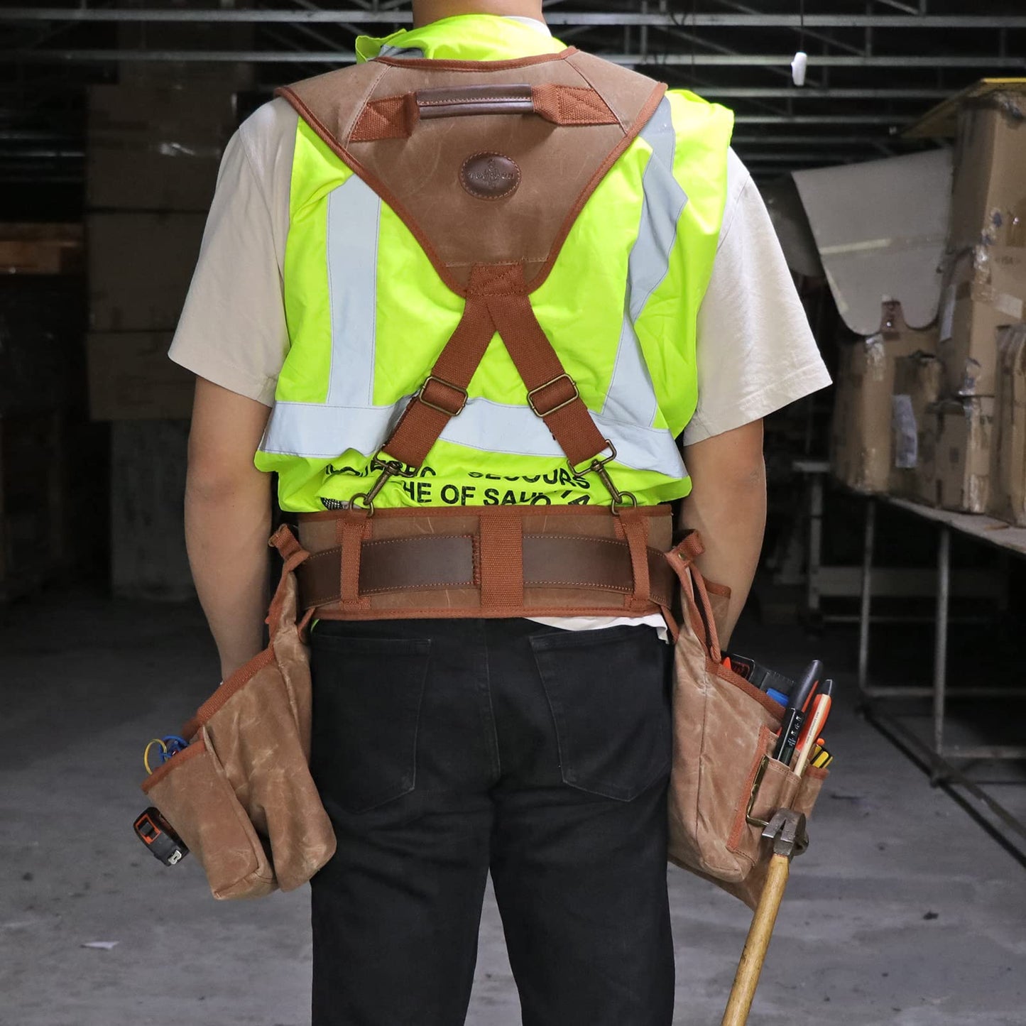 Heavy Duty Canvas Carpenter Tool Belt with Suspenders & 12 Pockets, Detachable Tool Pouch Set for Framers Construction Electricians, Padded Rig, Brown, Fits 39-46" Waist