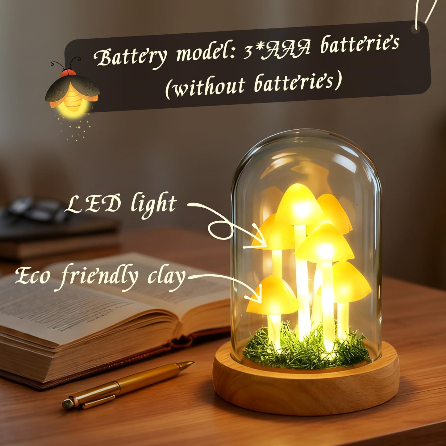Kiinfendly Decorative Mushroom Lamp with Glass Dome, Warm LED Night Light for Bedroom & Living Room, Unique Mushroom Gifts for Women, Christmas & Birthday Decor
