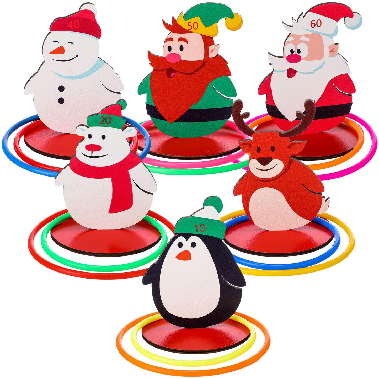 Jenaai 32 Pcs Christmas Snowman Ring Toss Game, Christmas Wooden Ring Toss Game Set for Family Indoor Outdoor Play Xmas Party Supplies Decoration Penguin Bear Santa Claus Deer