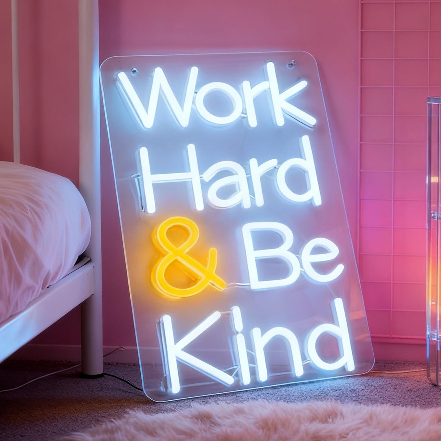 Work Hard Be Kind Neon Sign, Inspirational Quote Light Up Sign, Office Home Bedroom Living Room Workspace Gift Wall Table Decor USB Powered Dimmable LED Neon Light 16.1 x 9.4 In