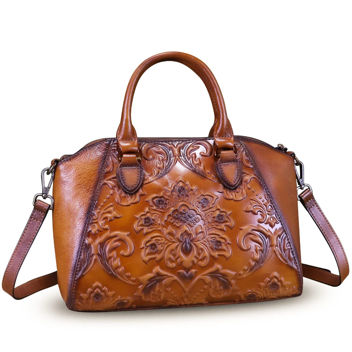 Genuine Leather Satchel for Women Top Handle Bags Handmade Purse Vintage Embossed Leather Crossbody Handbags Hobo Bag (Brown)