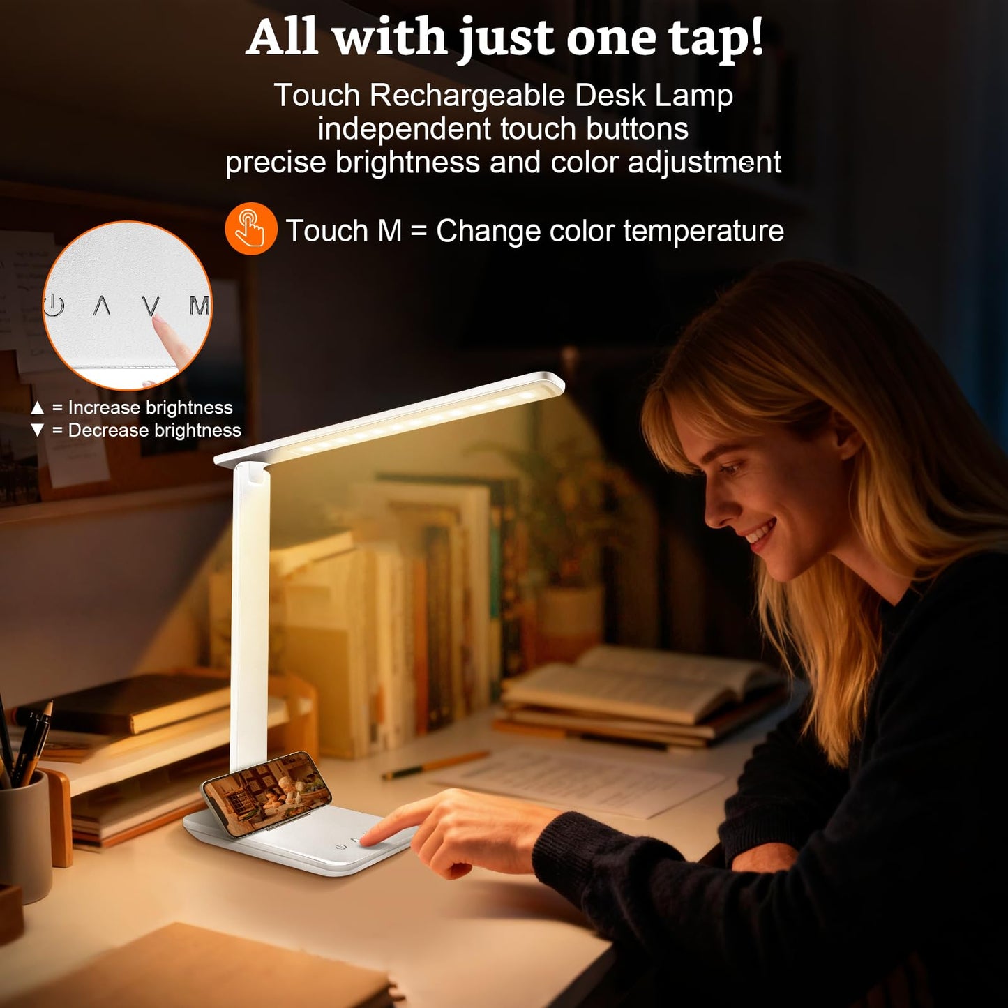 LED Portable Bright Rechargeable Desk Lamp, 4000mah Dimmable Touch Battery Operated Eye-friendly Desk Light With Charger, Adjustable Modern Cordless Table Lamps For Office Home Nail Craft Puzzle White