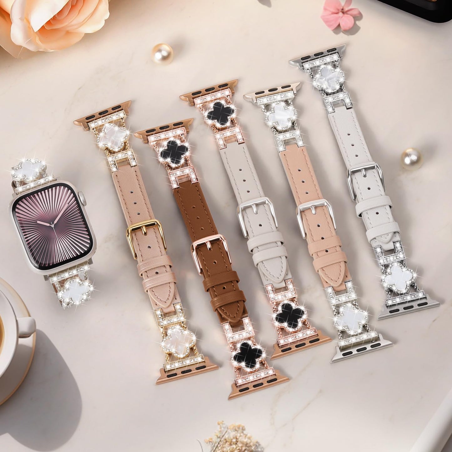 SOLOLUP Leather Band Compatible with Apple Watch Bands for Women 40mm 41mm 42mm 38mm,Dressy Slim Thin Cute Bracelet with Bling Buckle Metal Link Chain Band for iWatch 11 10 9 8 7 6 5 4 3 SE 3/2/1