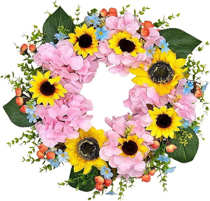 pring Wreath for Front Door, Bright Sunflowers & Mixed Flowers, Artificial Floral Wreath for Indoor & Outdoor Wall Decor, Lifelike Decoration for Home and Garden (18 inches)