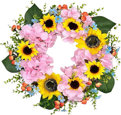 pring Wreath for Front Door, Bright Sunflowers & Mixed Flowers, Artificial Floral Wreath for Indoor & Outdoor Wall Decor, Lifelike Decoration for Home and Garden (18 inches)