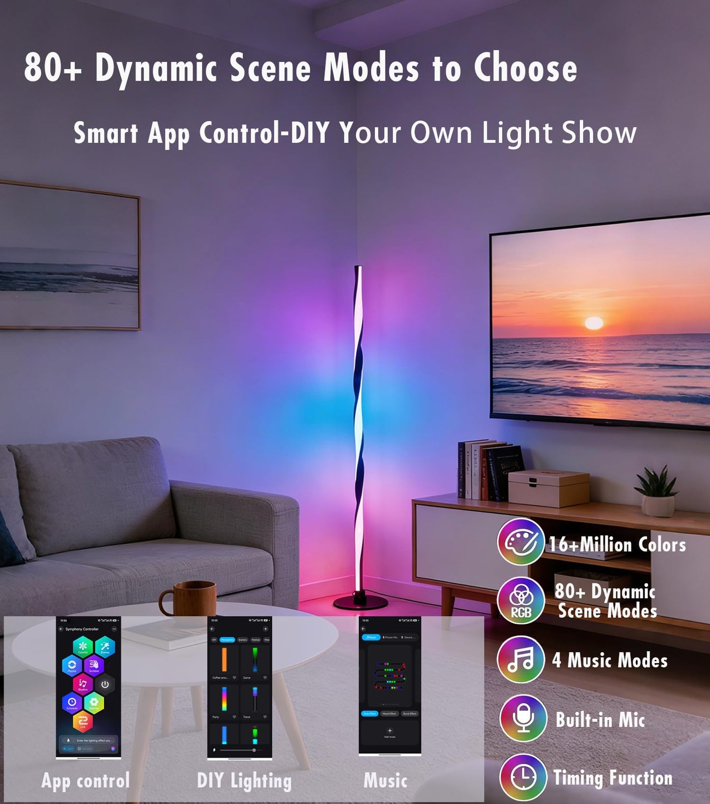 YUBOLE Smart RGBWIC Floor Lamp LED Corner Lamp Compatible with Alexa