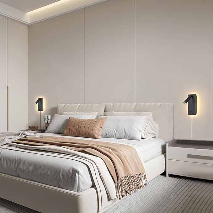 LED Wall Mounted Reading Lights for Books in Bed, Plug in Wall Sconce with USB C+A Ports & 3 Brightness Dimmable, Black Wall Lamps for Bedroom, Headboard Bedside Lamp with 9W+3W Night Light (2 Pack)