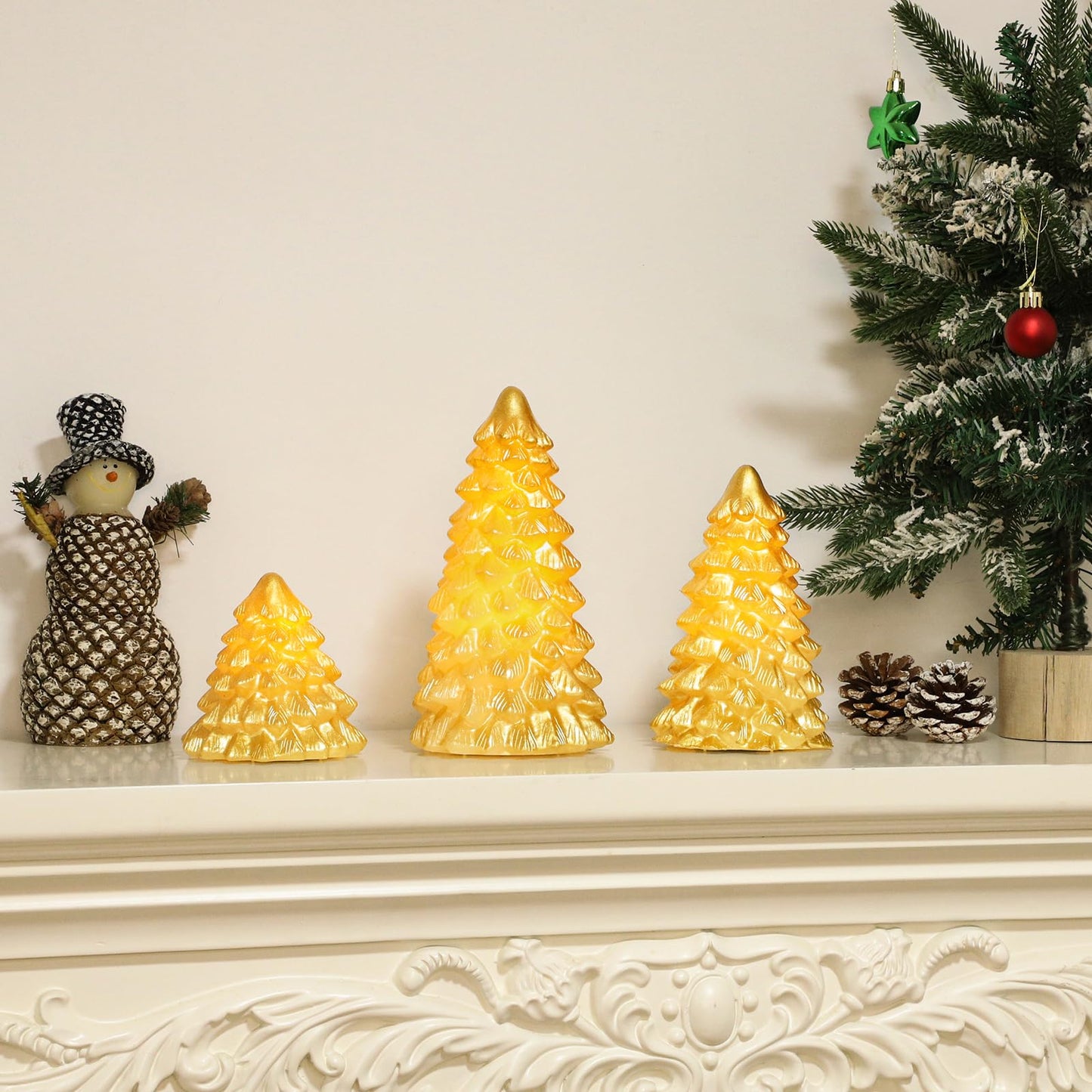 FLAVCHARM Gold Christmas Tree Flameless Candles with Remote Battery Operated Flickering LED Tabletop Lighted Xmas Tree Figurines for Fireplace Home Decor Indoor Holiday Christmas Gifts