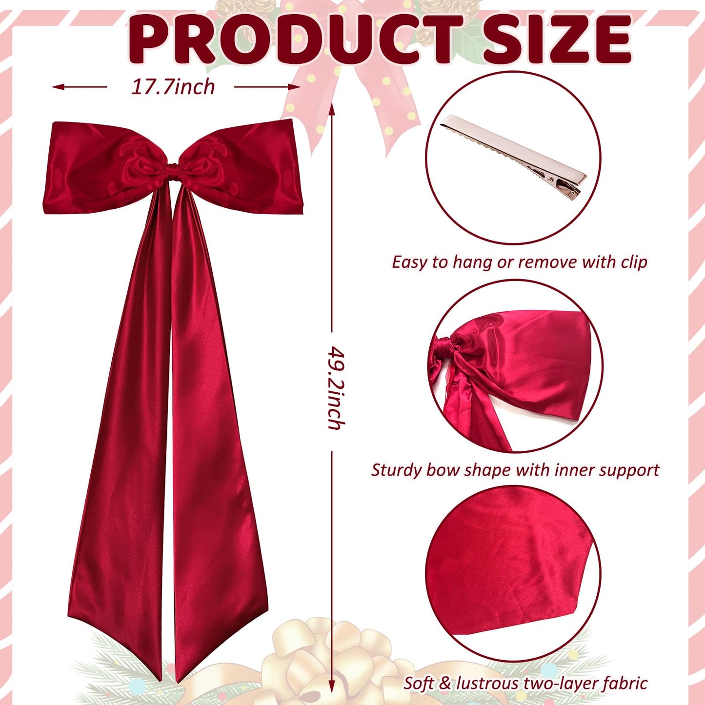 Large Christmas Bows for Tree - 18 x 49 Inches Giant Bows Christmas Tree Topper Decorations Big Satin Ribbon Bow for Tree Topper Wreath Wall Backdrop Holiday Birthday Party Decor