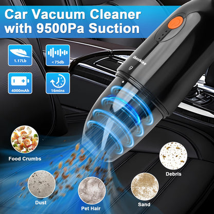 Libershine Handheld Vacuum Cordless Rechargeable, 9500PA Car Vacuum Cleaner Strong Suction, Car Vacuum Portable Cordless with 150ML Dust Cup, Stand for Car, Home, Office