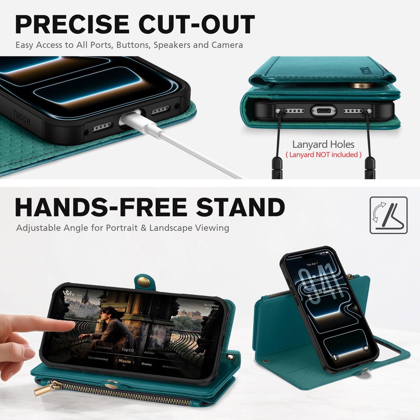 TUCCH Detachable Crossbody Wallet Case for iPhone 17 Pro Max (6.9"), 10 Card Slots RFID Blocking | Lanyard Wrist Strap | Wireless Charging | Zipper Pocket | PU Leather Stand Flip Cover | Bluish Green