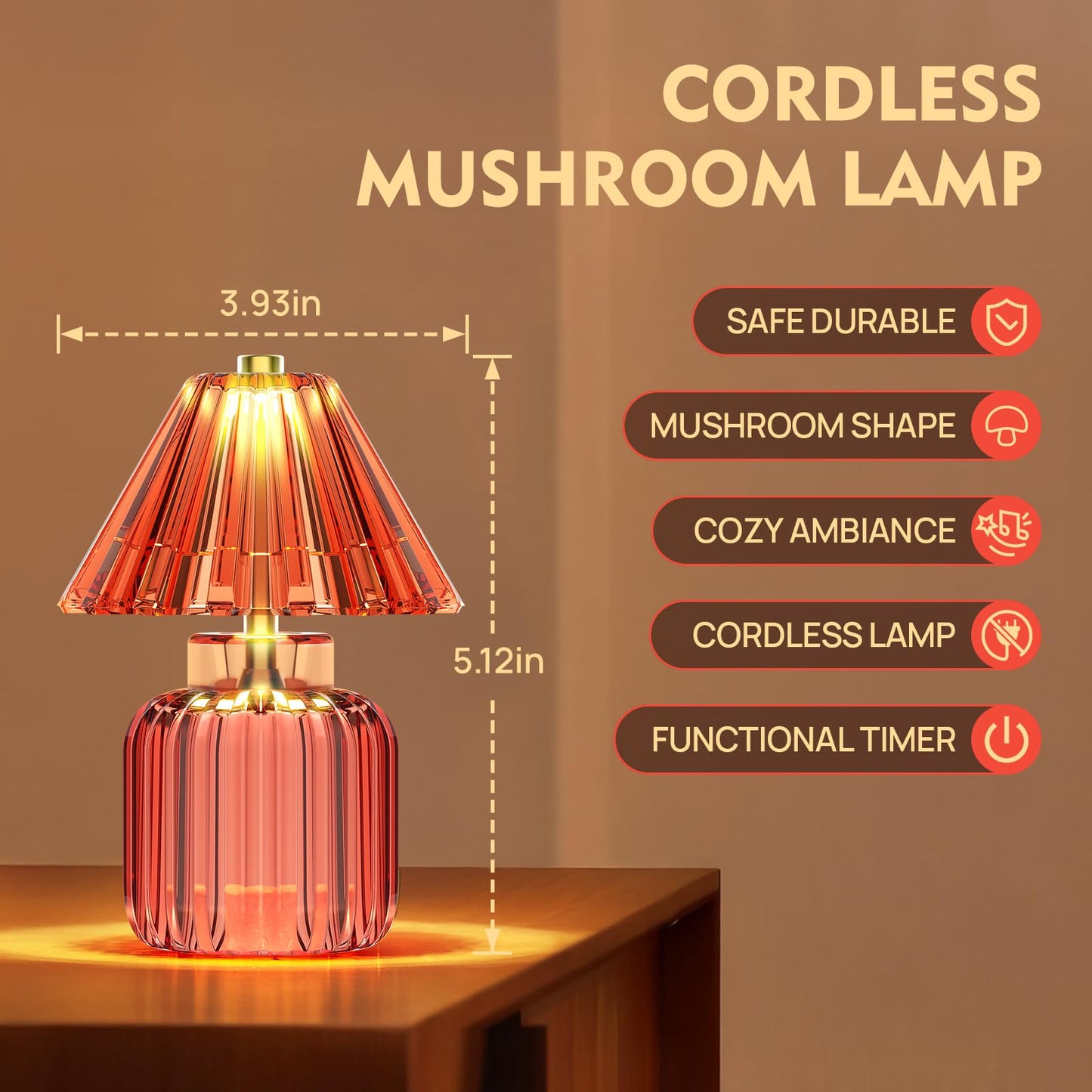 SisiHokai Small Battery Operated Lamp with Timer, Tiny Cordless Glass Table Lamp for Home Decor, Kitchen, Bathroom, Birthday Gift for Women, Jelly Red