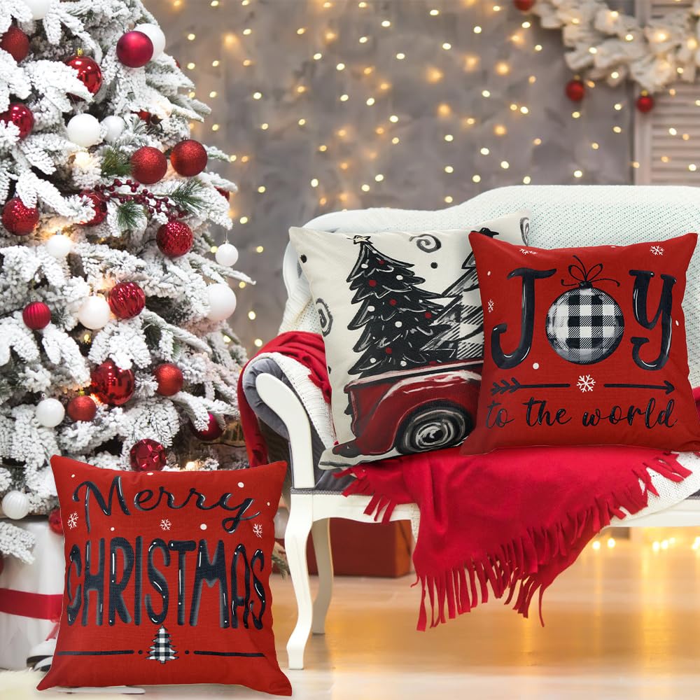 DIYDEC 4pcs Christmas Pillow Covers 18x18 Inch Red Pillow Covers Xmas Decorations Buffalo Tree Truck Merry Christmas Pillows Winter Holiday Farmhouse Seasonal Throw Case Decor for Sofa Couch