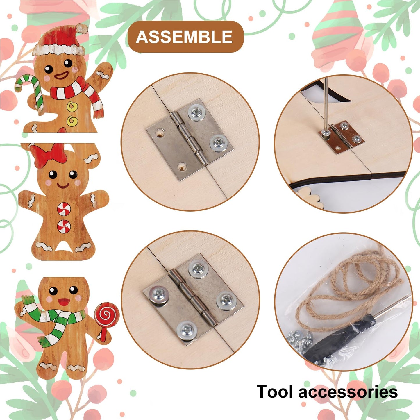 Whaline 41.7in Christmas Gingerbread Man Wooden Porch Sign Hanging Welcome Sign Farmhouse Front Door Hanger for Xmas Home Party Wall Decoration