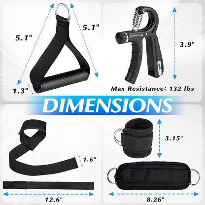 10-in-1 Cable Machine Attachments Set for Gym - Includes Tricep Rope, V-Bar, Straight Bar, D-Handle, Ankle/Wrist Straps, Storage Bag - Compatible with LAT Pulldown & Home Gym Cable Machines