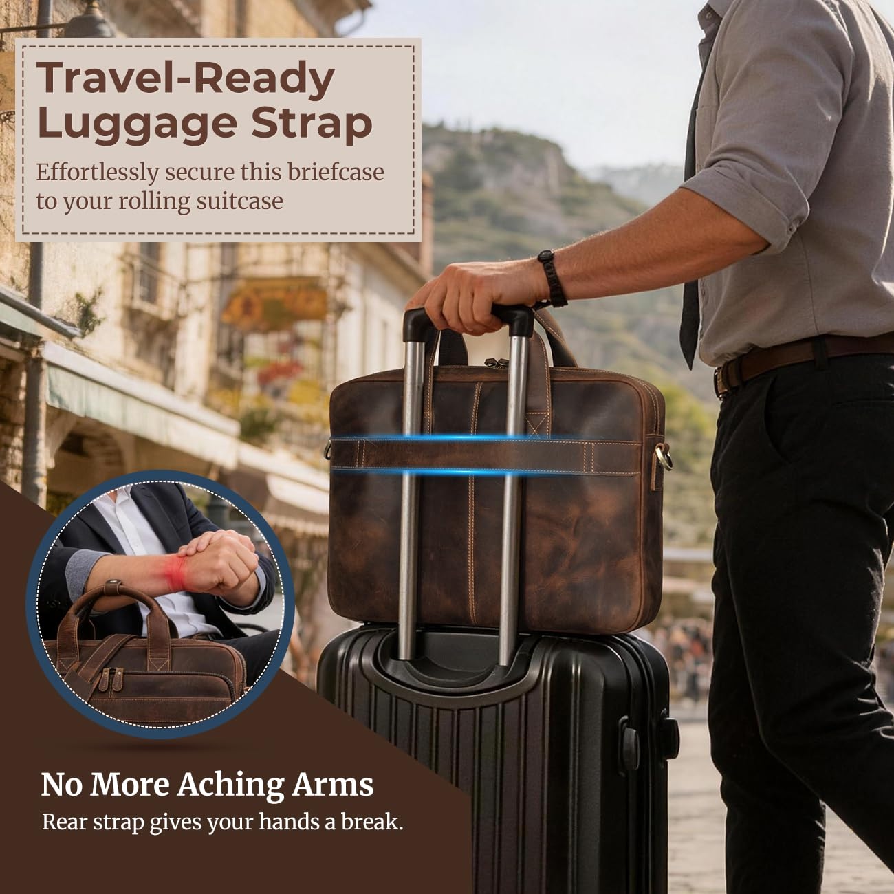 Augus Men's Buffalo Crazy Horse Leather Briefcase for 16 Inch Laptop, Computer Bag with YKK Zipper & Luggage Strap, Fits 16" MacBook, Work Travel Messenger Shoulder Bag, Brown