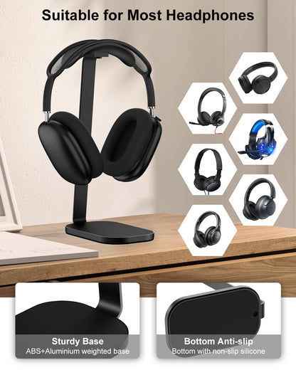 VICHYIE Headphone Stand for AirPods Max, Headset Holder with Aluminum Supporting Rod, Heavy Base Desk Stand Headphones Support Accessory for All Headphones - Black
