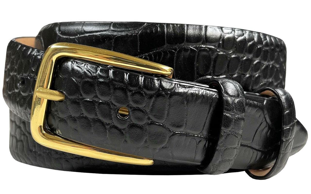 Andrew Men's Dress Belt Solid Brass Buckle (Gold) Italian Calfskin Genuine Leather Dress Belt 1-1/8"(30mm) Wide (Alligator Black, 36)