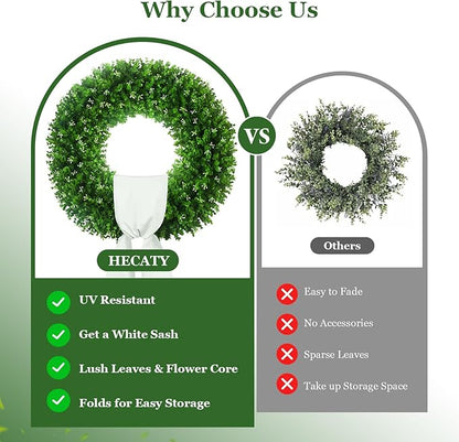 Large Artificial Boxwood Wreath 30-32'', UV Resistant 310 Leaves & 140 Flower Core, Green Wreath Ribbon for Front Door Outdoor Indoor Window Wall Hanging Decoration All Seasons(Foldable)