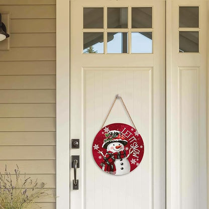 Christmas Snowman Front Door Sign Snowflake Wood Door Hanger for Outdoor Outside Porch Winter Cardinal Birds Decoration Welcome Sign Farmhouse Round Wall Hanging Xmas Wreath Decor for Home 12"x12"