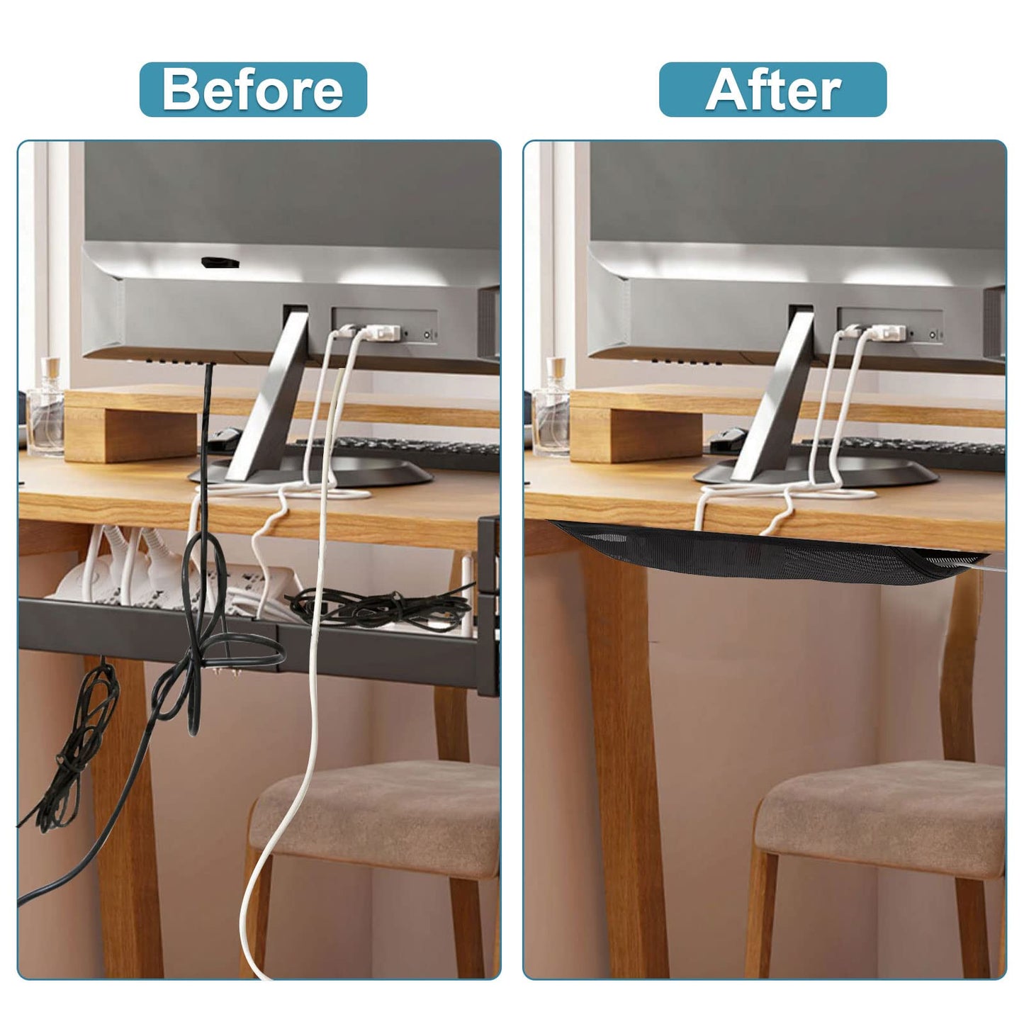 Under Desk Cable Management Net, 36PCS Under Table Cord Management Mesh Organizer Flexible Wire Hiders, Extra Large Capacity Wire Management Kit Under Desk, Fits Most Tables