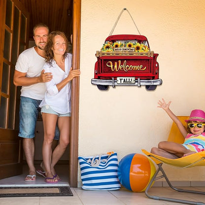 Ferraycle Interchangeable Christmas Welcome Sign for Front Door Farmhouse Truck Decor Rustic Hanging Sign with 12 Interchangeable Seasonal Holiday Decor for Christmas Fall Thanksgiving(Fresh Color)