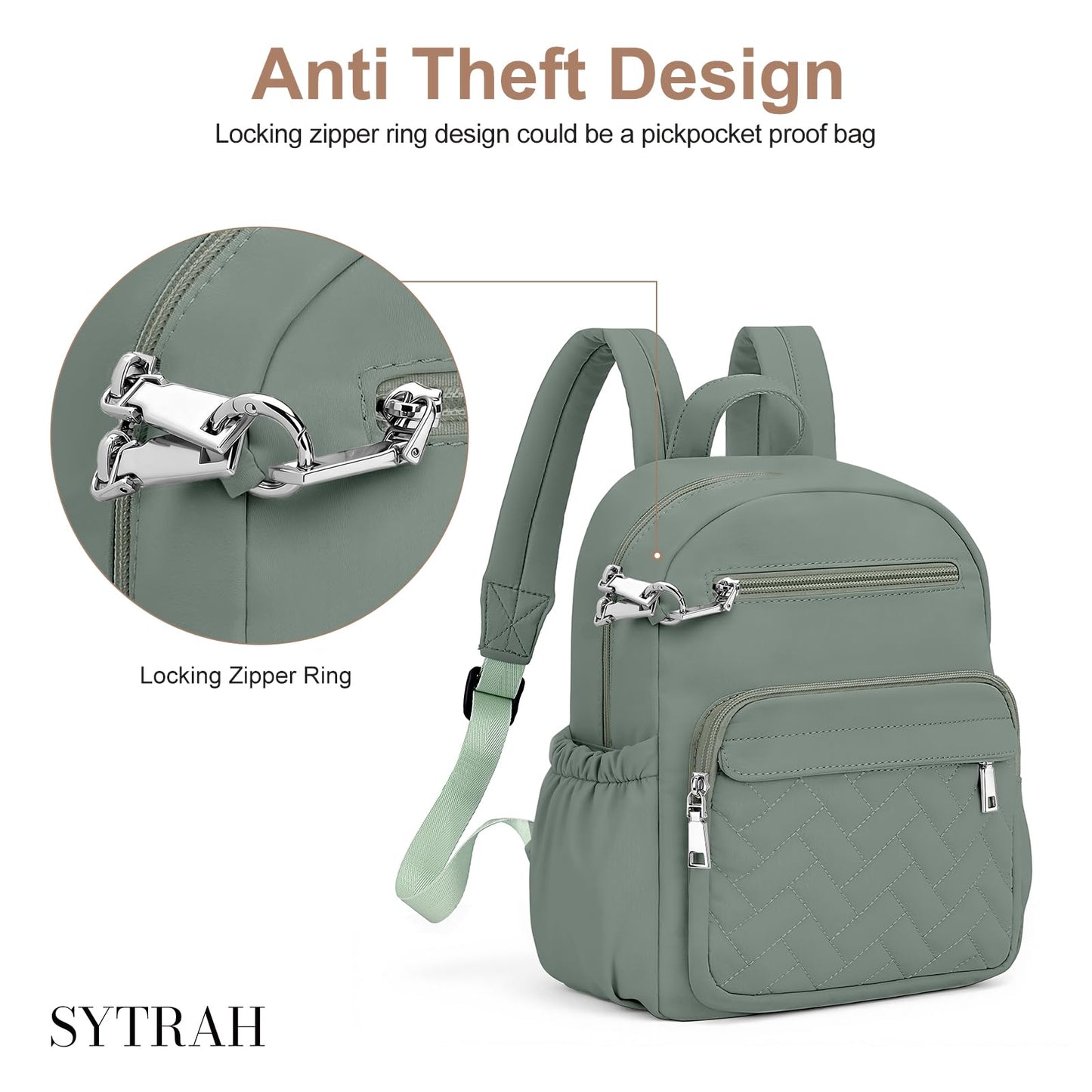 SYTRAH Mini Backpack for Women Small Backpack Purse, Anti Theft Backpack Waterproof Lightweight Puffer Back packs for Travel, Work with Coin Purse Green