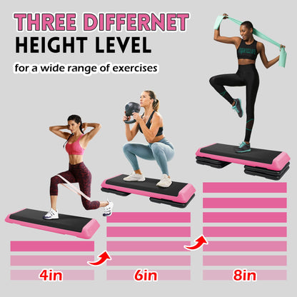 Fitvids 43''x 16'' Adjustable High Step Aerobic Step Platform with 4 Stackable Risers, Workout Step Platform for Exercise at Home, Stepper with Non-Slip Surface for Fitness Training, Cardio Strength, Pink