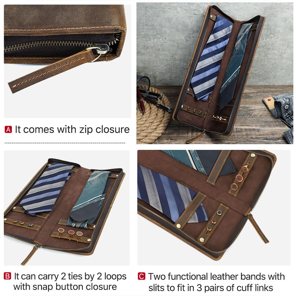 CONTACTS Ties Travel Case Leather Neckties Storage Box Formal Dress Accessories Anti Wrinkle Organizer for 2 Ties with Cufflinks Holder